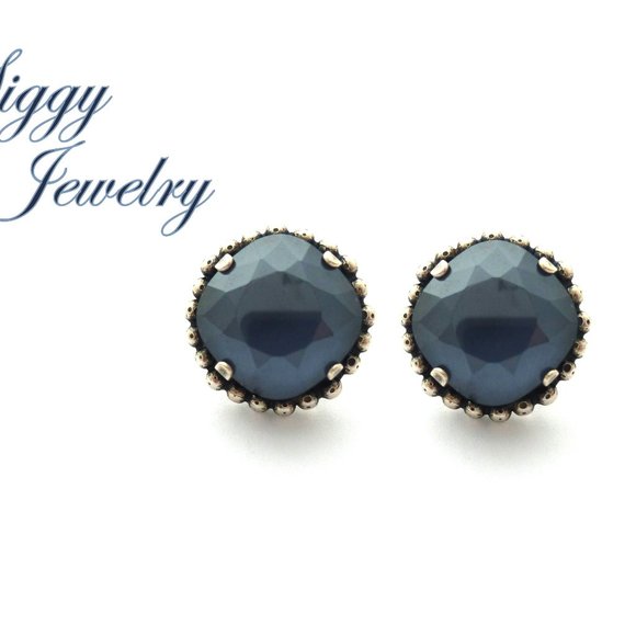 Cushion Cut Crystal Dark Gray Solitaire Stud Earrings, 12mm Assorted Finishes - Picture 1 of 9